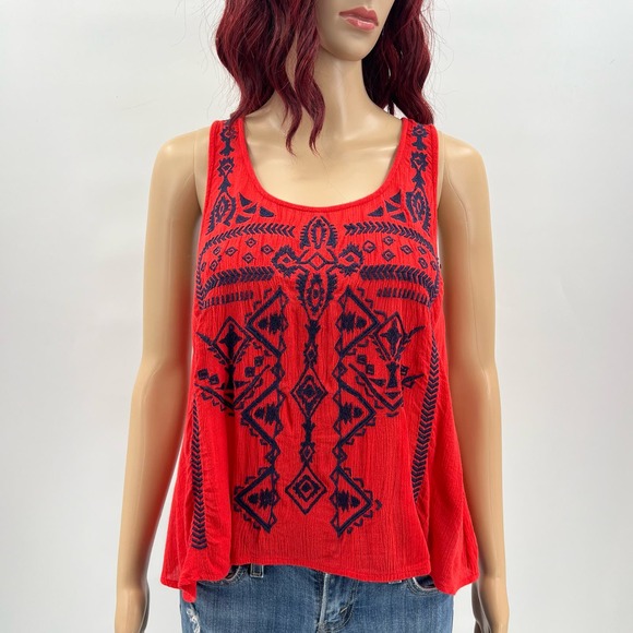 Urban Outfitters x Ecote Embroidered Tank Top Womens Medium Coral Blue Keyhole - Picture 1 of 9
